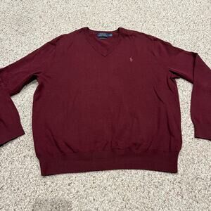 Polo Ralph Lauren Men's V Neck Maroon Sweater Sz L Pima Cotton Preppy Old Money